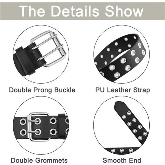Grommet Leather Belts for Women, Black Belt Women Men with Double Studded Holes